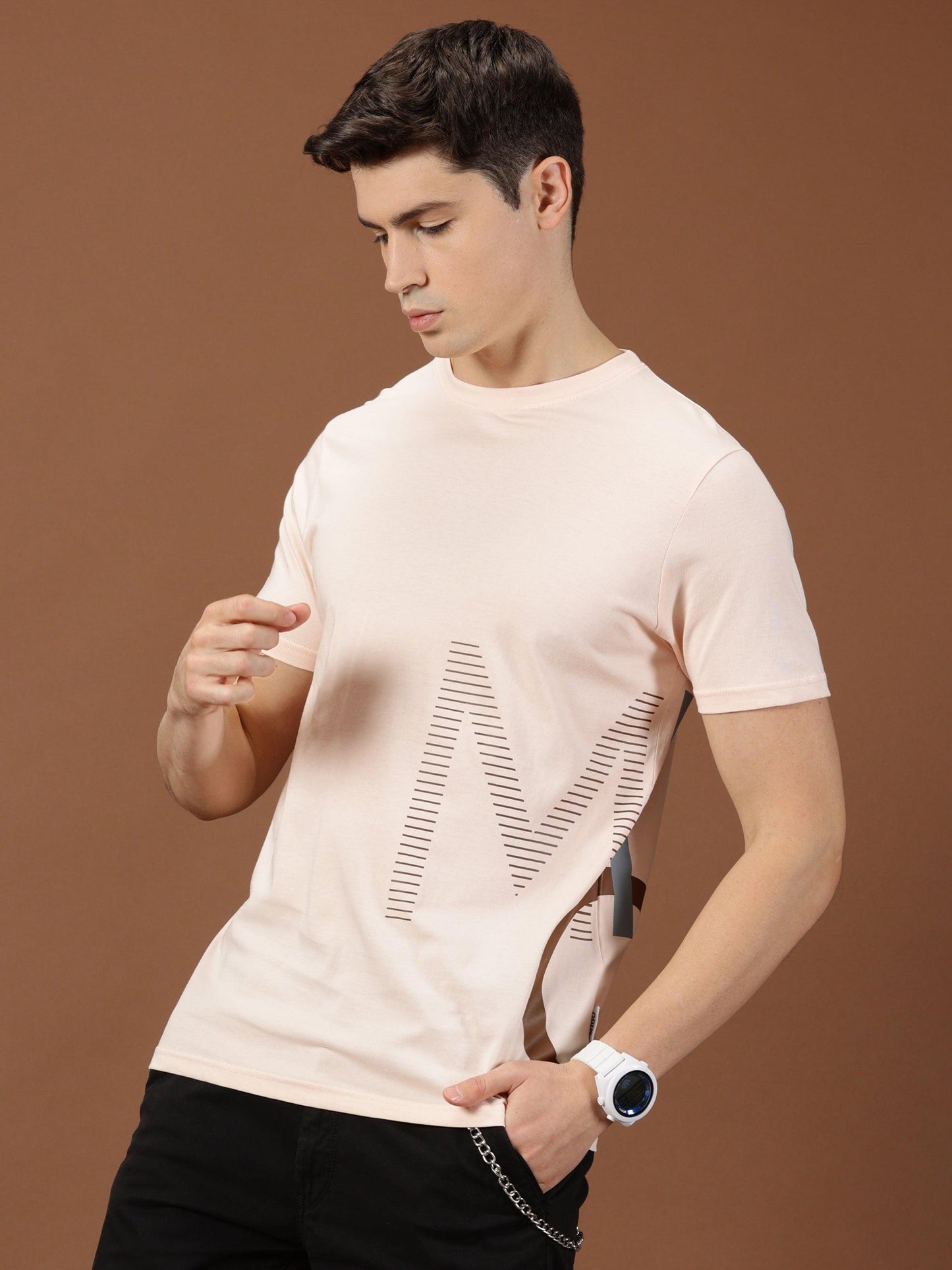 MIGO Men's Peach Printed Crew Neck - MIGO