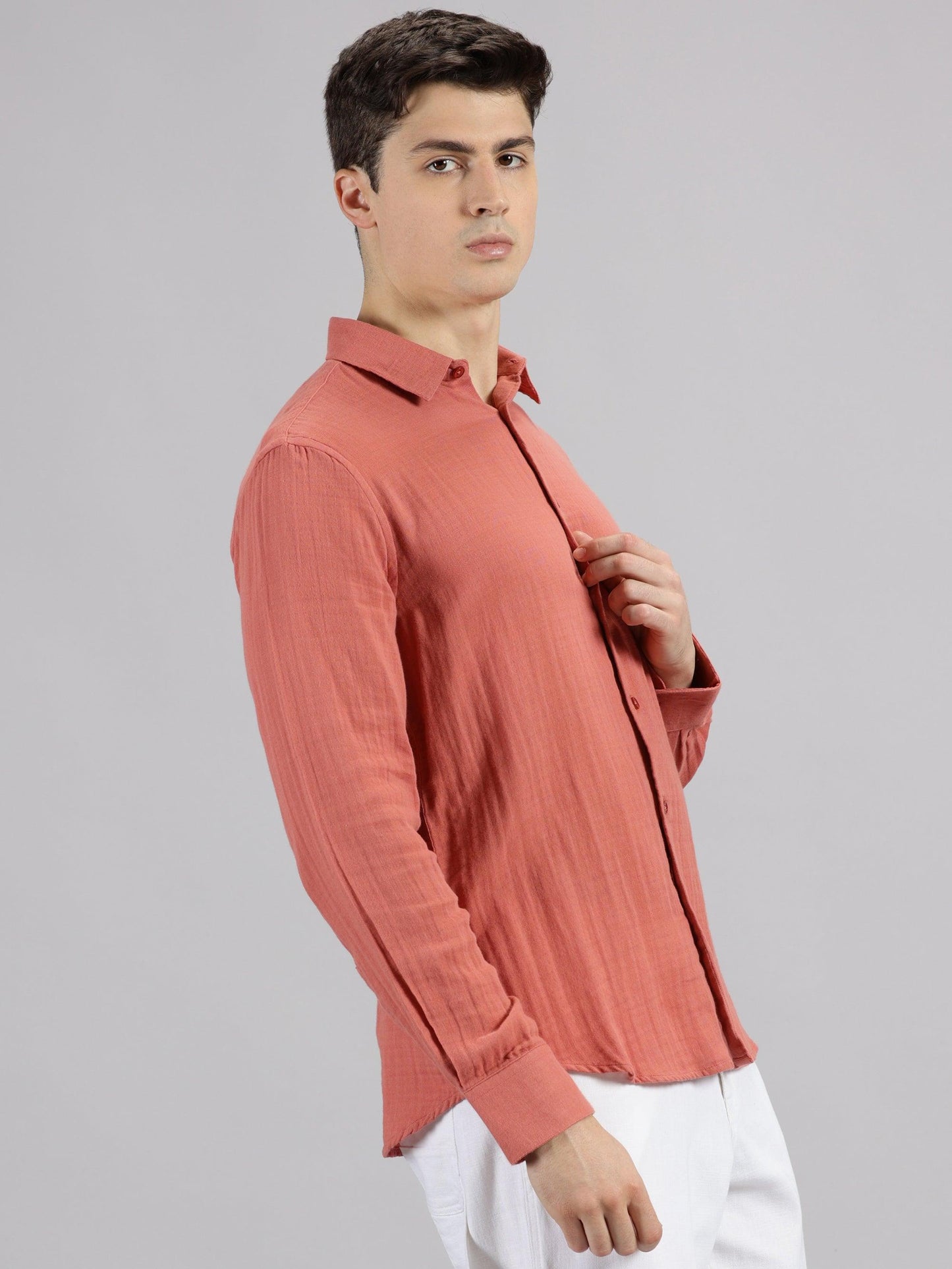 MIGO Men's Plain Linen Shirt Indian Red - MIGO