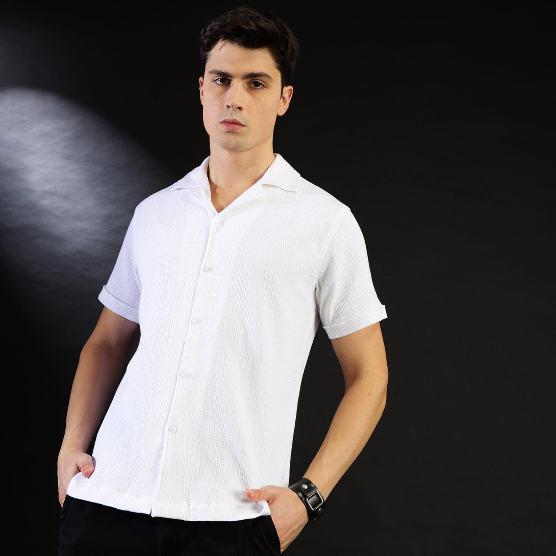 MIGO White Seersucker Cuban Collar Shirt - MIGO