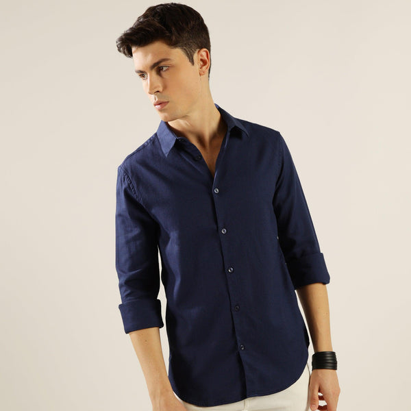 MIGO Men's Blue Plain Textured Shirt - MIGO