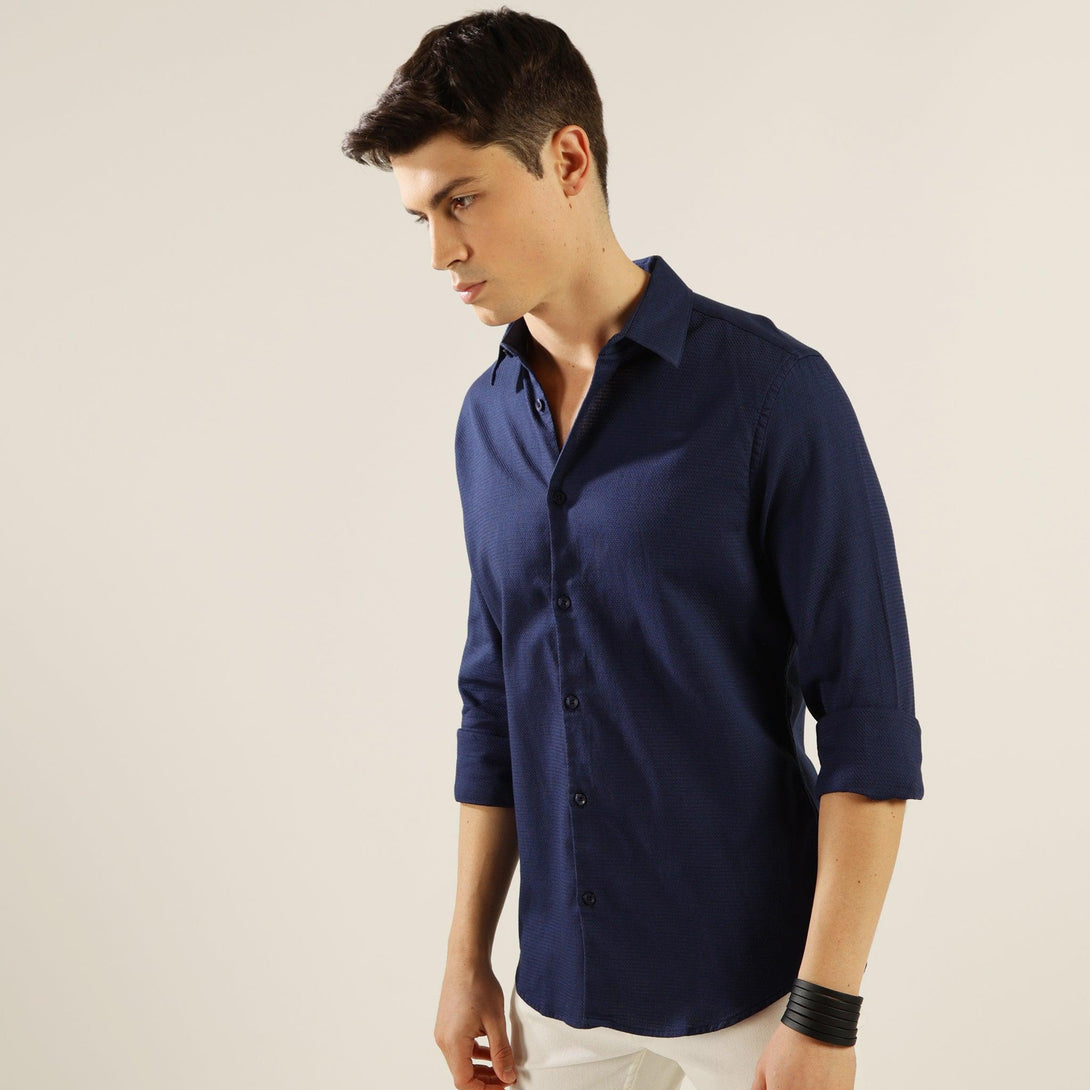 MIGO Men's Blue Plain Textured Shirt - MIGO