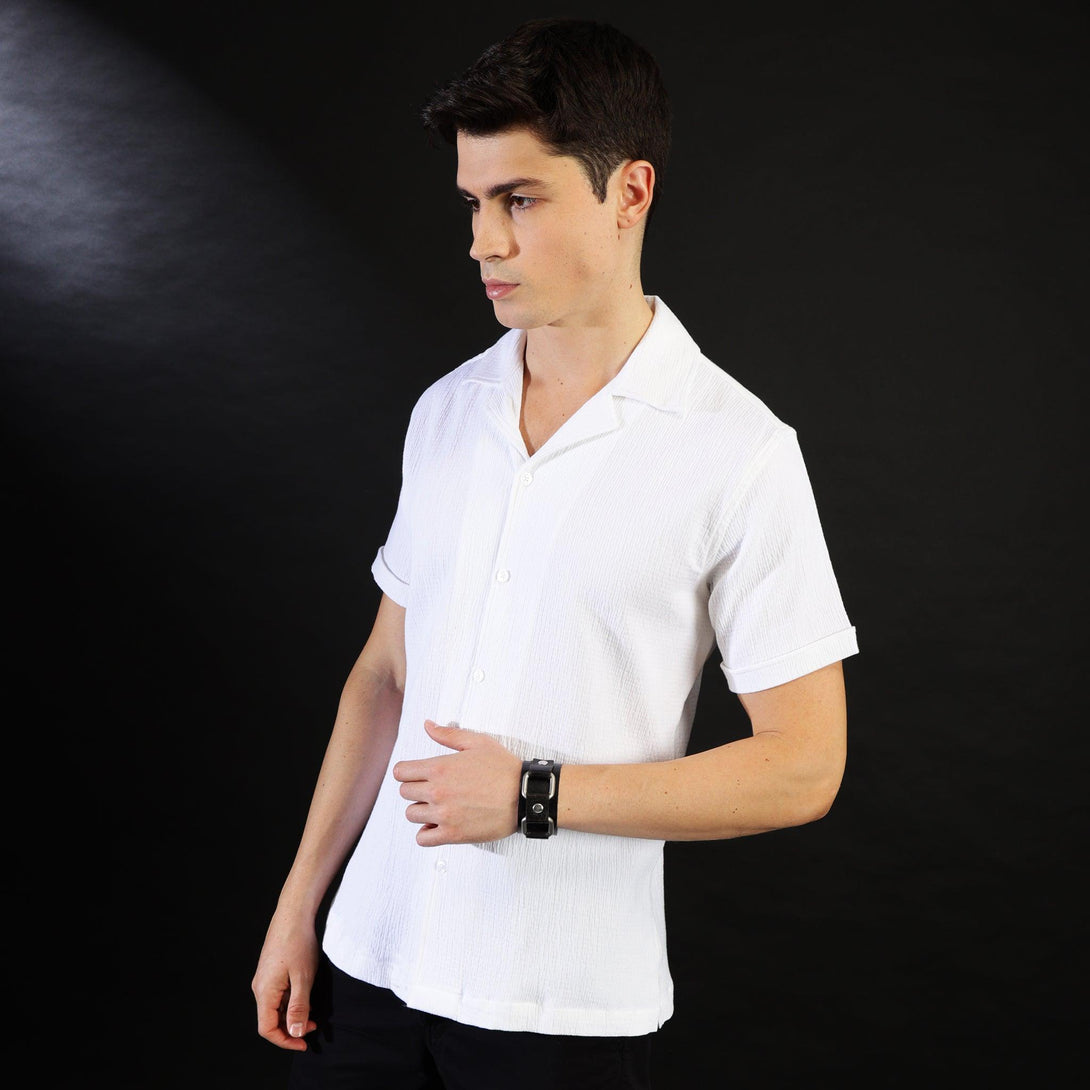 MIGO White Seersucker Cuban Collar Shirt - MIGO